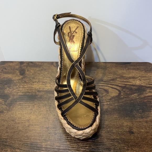 YSL platform wedge sandal black braided straw metallic gold - Picture 5 of 15